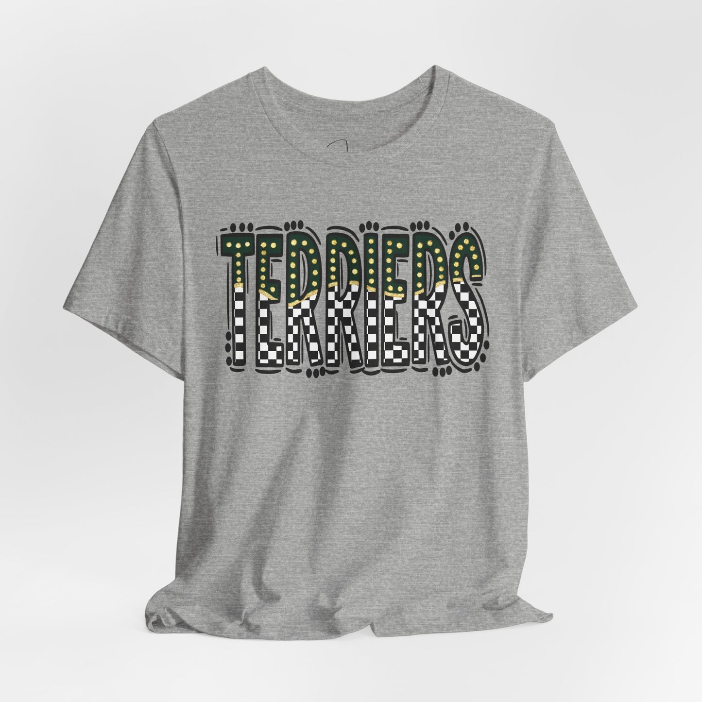 Checkered gold terriers Bella canvas tee