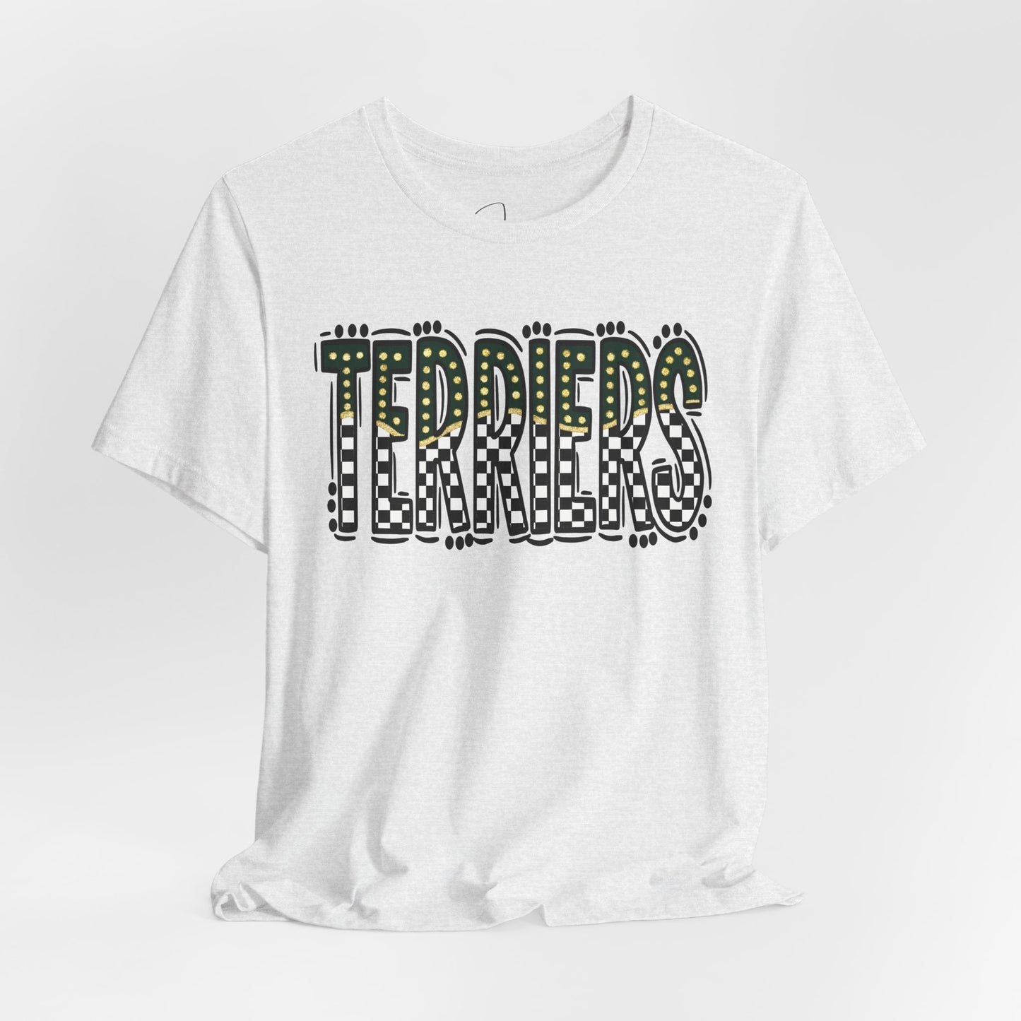 Checkered gold terriers Bella canvas tee