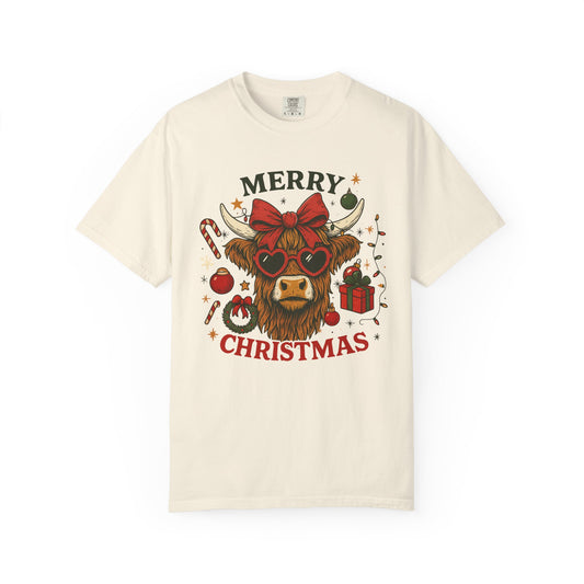 Merry Christmas Highland Cow Comfort Colors Tee
