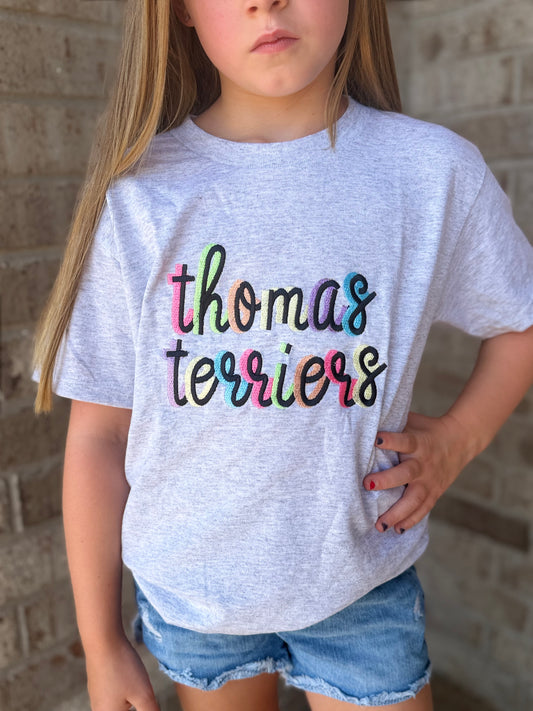Embroidered Thomas Terriers Fun Colors Youth Gildan Tee