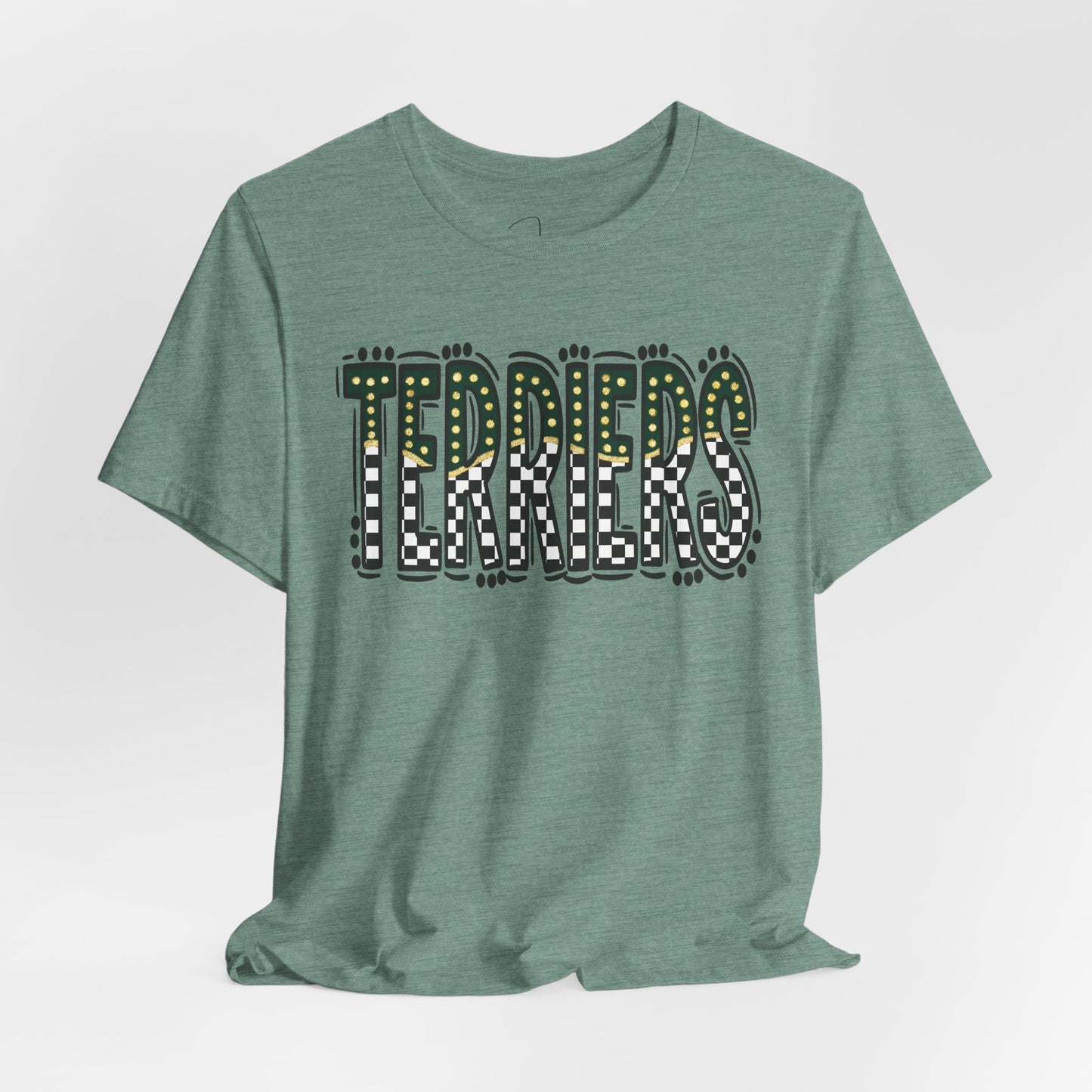 Checkered gold terriers Bella canvas tee