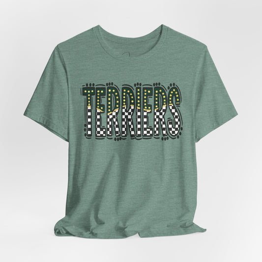 Checkered gold terriers Bella canvas tee