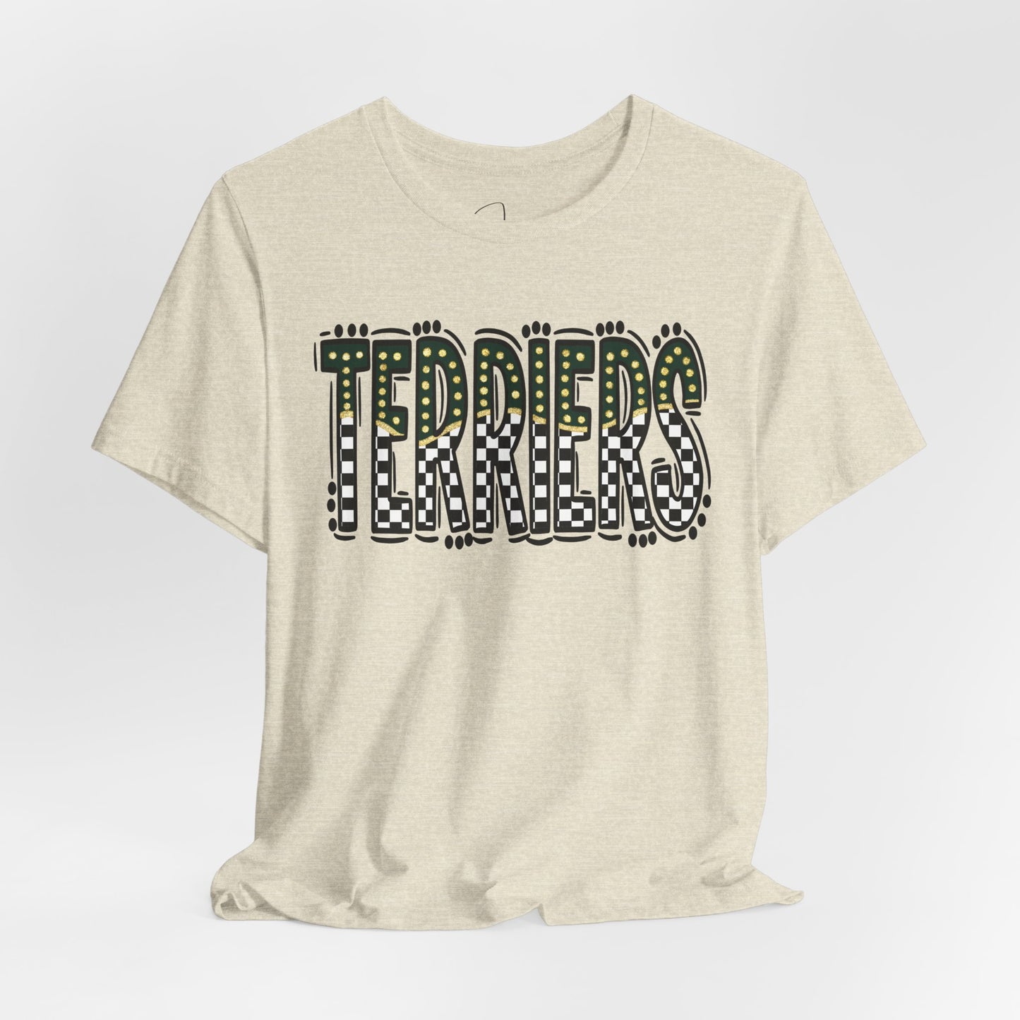 Checkered gold terriers Bella canvas tee
