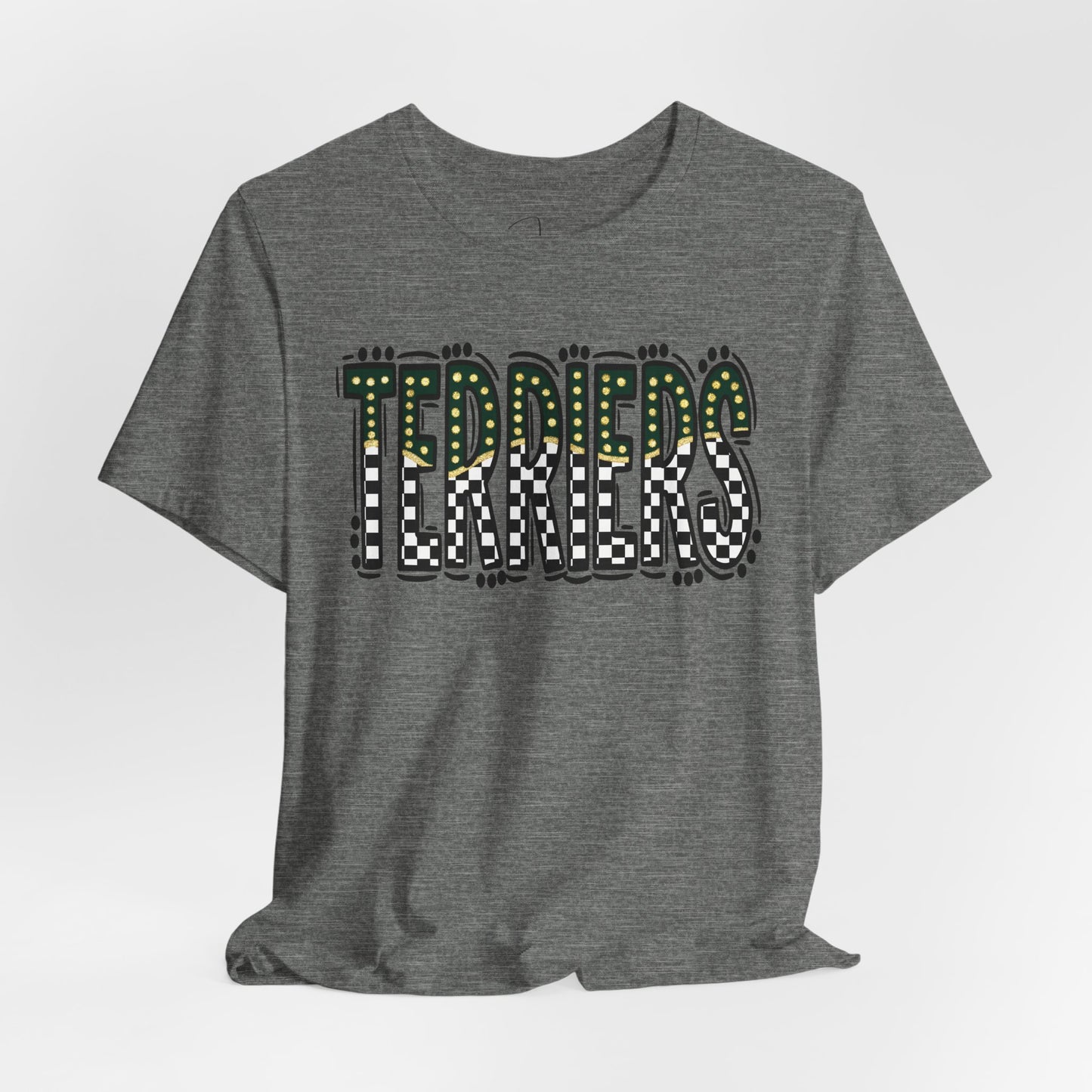 Checkered gold terriers Bella canvas tee