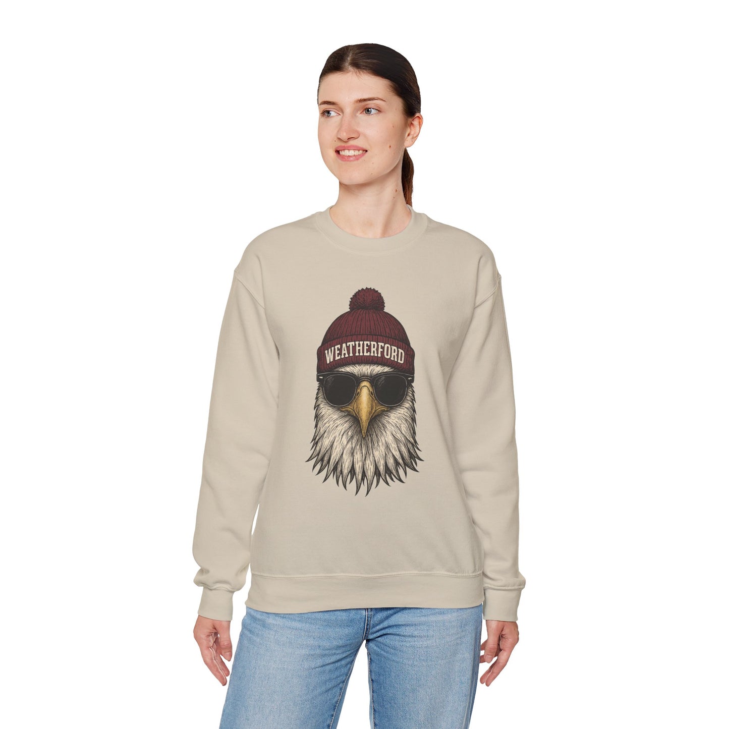 Weatherford mascot with beanie crewneck