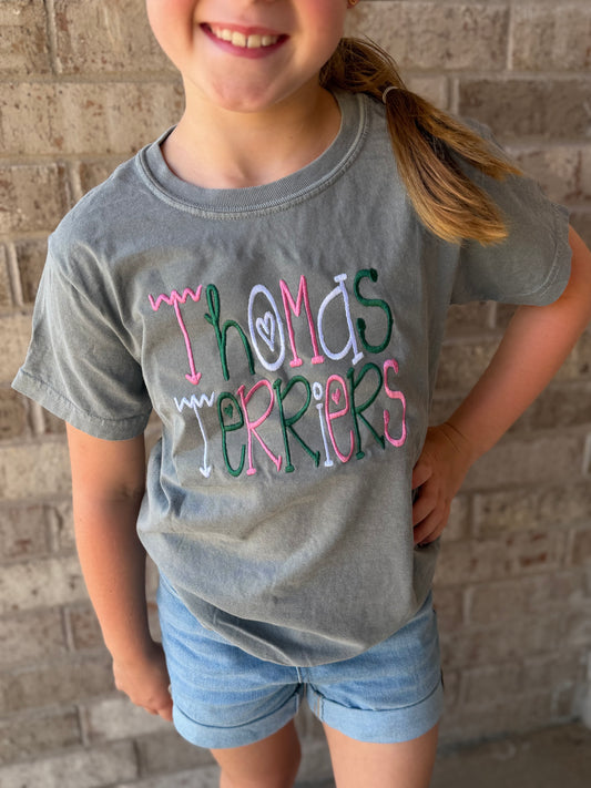Embroidered Youth Comfort Colors Thomas Terriers Squiggly tee
