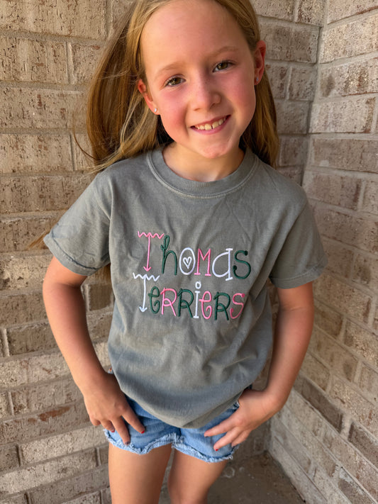 Embroidered Youth Comfort Colors Thomas Terriers Squiggly tee